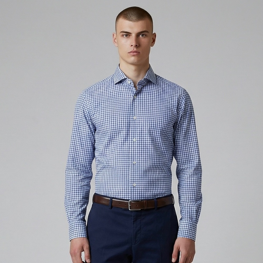 Brunello Cucinelli Dress Shirt Mens Medium Blue White Gingham Slim Fit  Italy